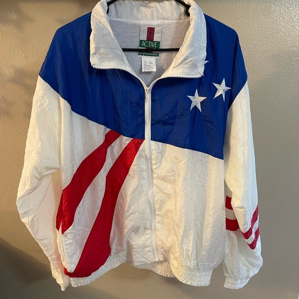 Vintage 90s Active Exposure Stars And Stripes Windbreaker Jacket Size L 1131